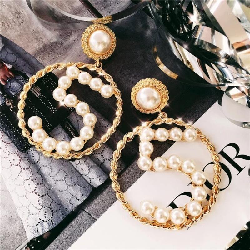 

New Fashion Women Jewelry Simple Simulated Pearl Number 5 Big Circle Earrings Black Ribbon Weaves Digital Five Earrings1