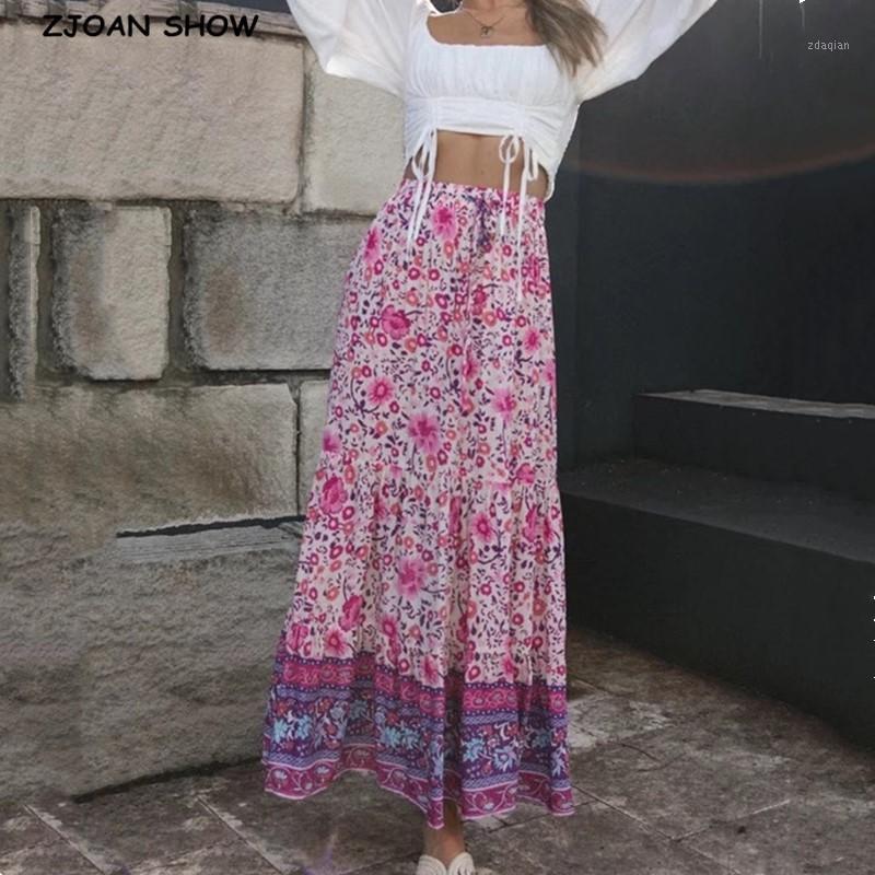 

Bohemia Hot Pink Floral print Cotton Maxi Long Skirt BOHO Hippie Women Elastic High Waist Spliced Ruched pleated Skirts Holiday1