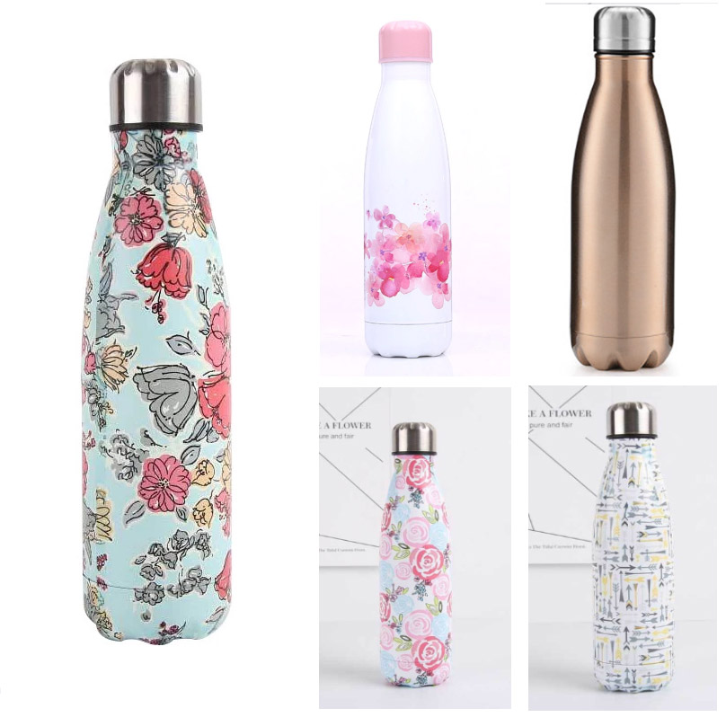 

Stainless Steel Vacuum Insulated Water Bottle Flask Thermal Sports 500ML Double Wall Direct Drinking Eco-Friendly Flowers Mug Cup HH9-3681, As picture