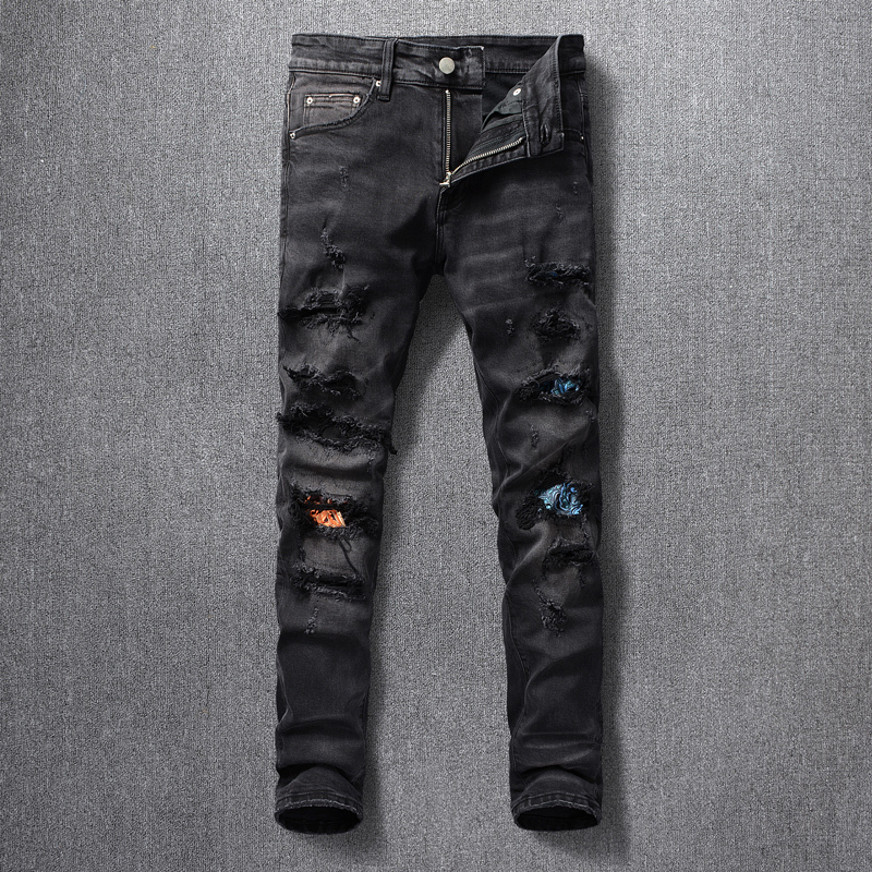 

2021 New Fashion Streetwear Men Black Color High Quality Elastic Slim Fit Ripped Jeans Patches Designer Destroyed Hip Hop Pants Ika7