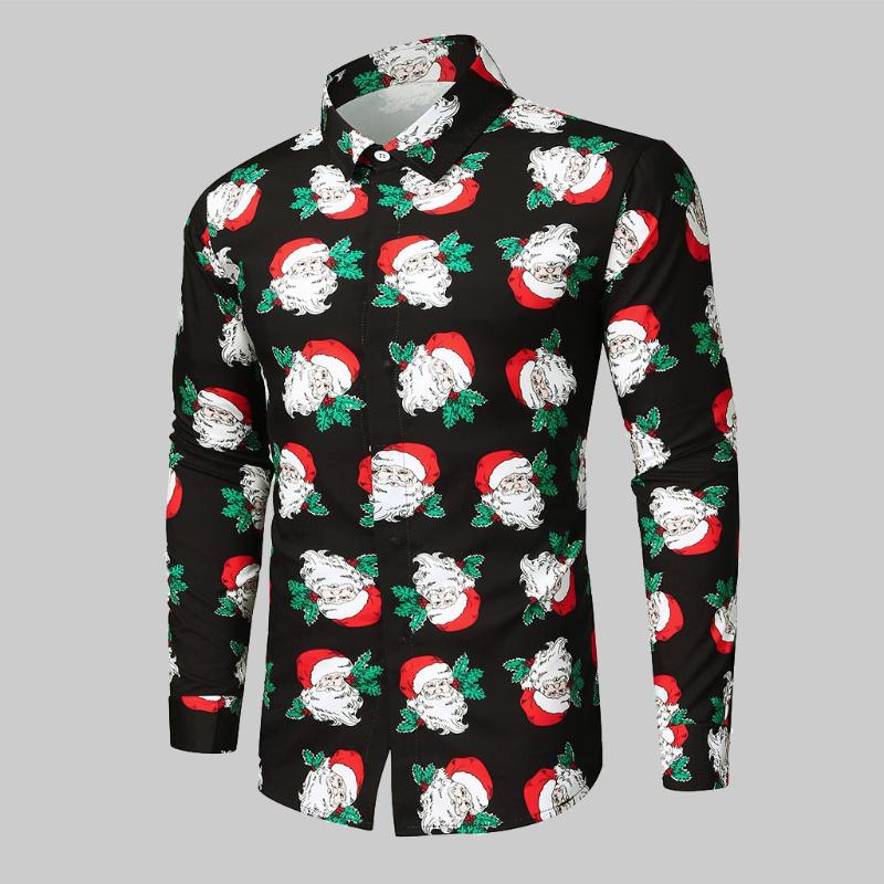 

2021 Hot Sale Santa Print Shirt Men Winter Fashion Causal Hawaii Holiday Shirts Men Slim Fit Long Sleeve Blouse Chaquetas Hombre, Black