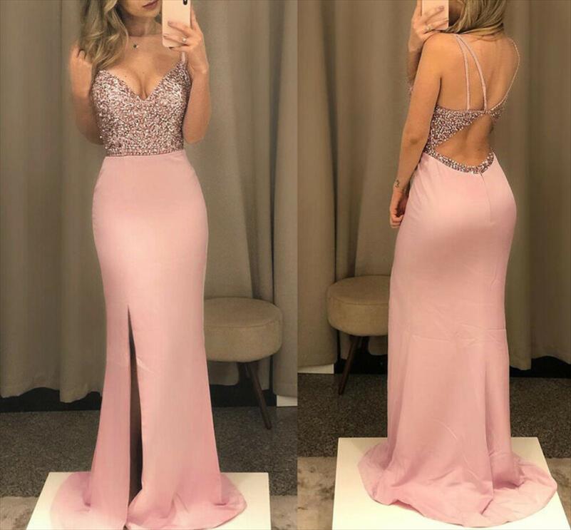 

Lady Long Dress Maxi Evening Dress Ever Pretty V Neck Fish Sequined Formal Dresses Women Elegant Party Gowns Pink Black 2020