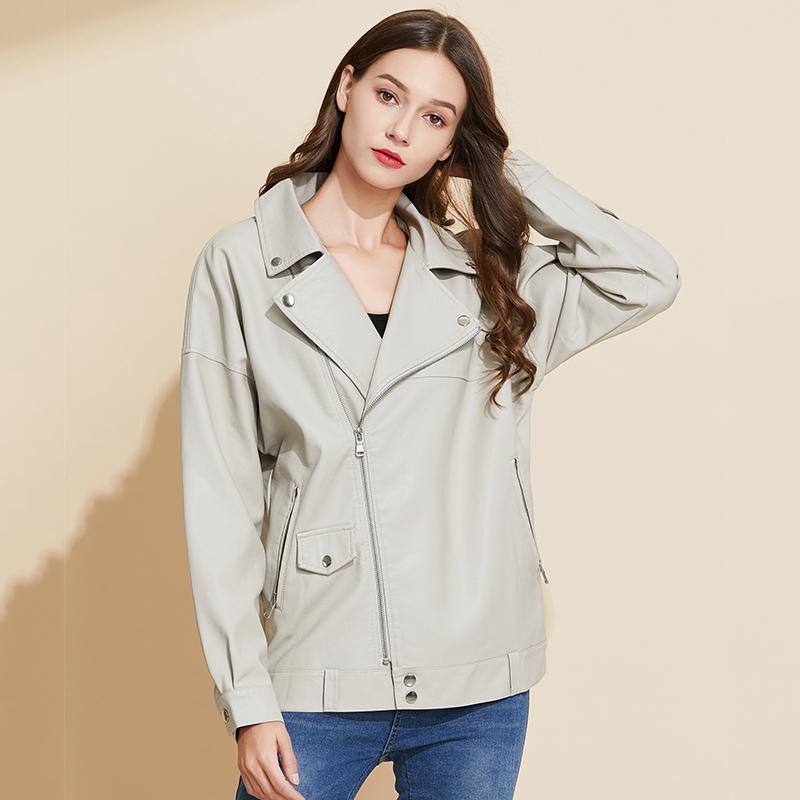 

Ailegogo Autumn Women BF Style Loose Beige Faux Leather Jacket Casual Female Pu Soft Motorcycle Punk Coat Black Rivet Outwear