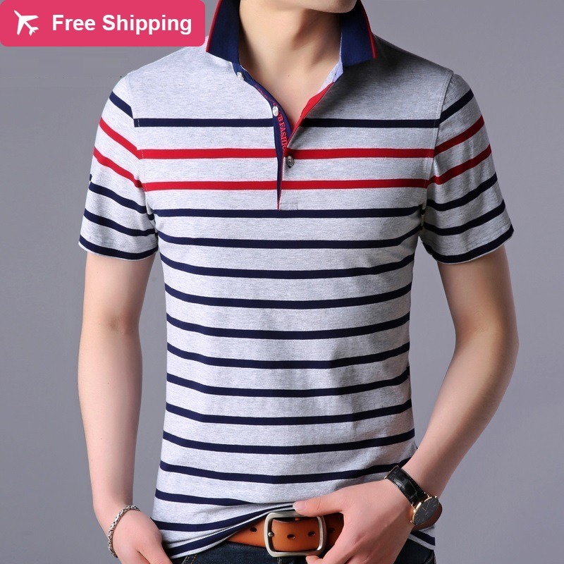 

2021 New Vero De Negcios Moda Comute Listrado Curto Respirvel Camisa Ocasional Homens Fino Polo Nh02, Red