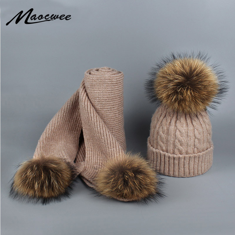 

Hot Sale Raccoon Fur Ball Women's Knitted Pom Pom Warm Winter Scarves for Women Fashion Girl Female Scarf 201026