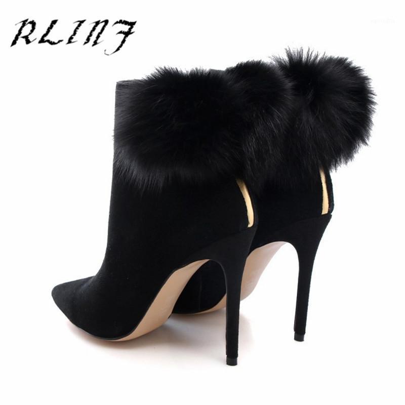 

RLINF Fur Ball Decoration Fashion Stiletto High Heel Leather Women's Booties1, Black
