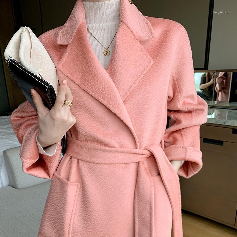 

pure wool handmade double-sided water wave pattern woolen coat women' loose belt extended over the knee suit collar1, See chart