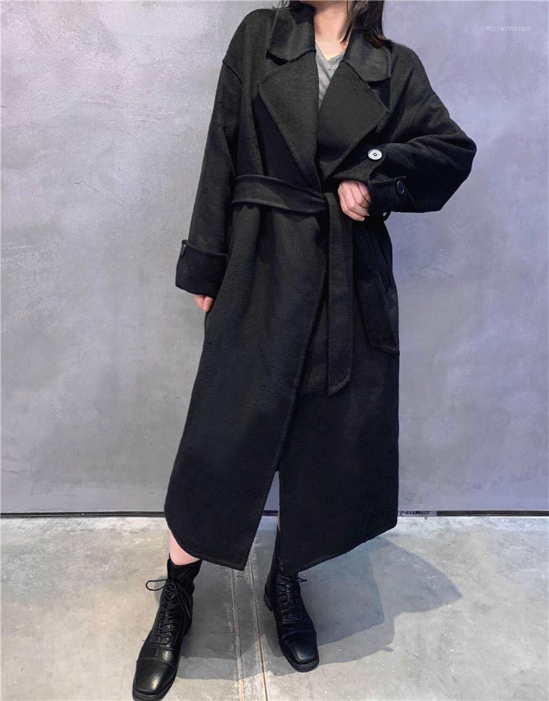 

High-end hand-stitched Double-Sided Cashmere Coat winter women' middle and long loose woolen fabric thickened coat1, Black