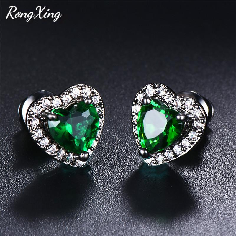 

RongXing Cute Love Heart Stud Earrings For Women Gold Filled Zircon May Birthstone Olive Green/Blue Double Earrings Ear0751