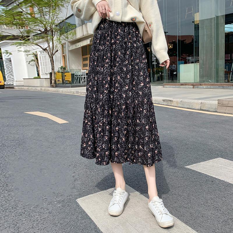 

LUKAXSIKAX 2021 New Spring Autumn Women High Waist Slim Long Skirt Korean Fashion Sweet Chiffon Floral Skirt, Samll floral black