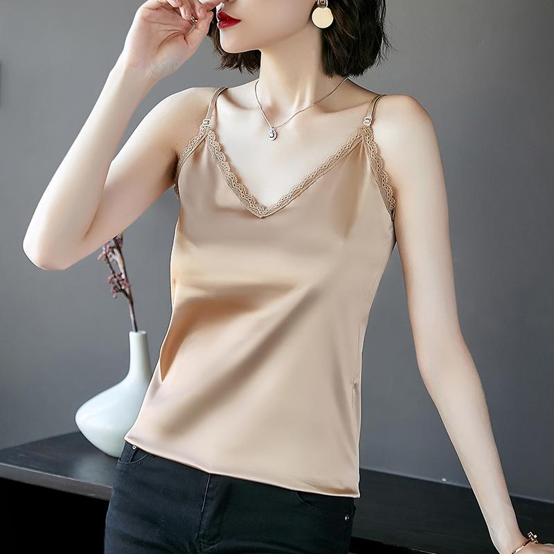 

Women Undershirt Top Women Halter V-Neck Silk Basic White Cami Sleeveless Women' Summer Camisole Plus Size Satin Tank Tops, Champagne