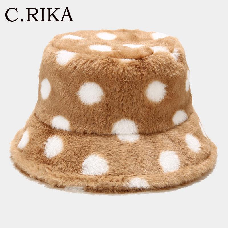 

New Faux Fur White Dot Pattern Bucket Hats Fishing Caps Women Girls Autumn Winter Outdoor Panama Travel Fisherman Hat Gorros