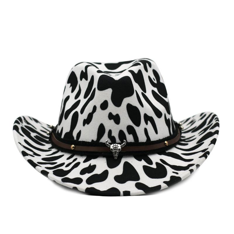 

Cow pattern felt hat ladies fedora hat western cowboy top men and women outdoor travel metal cow label curling top, White