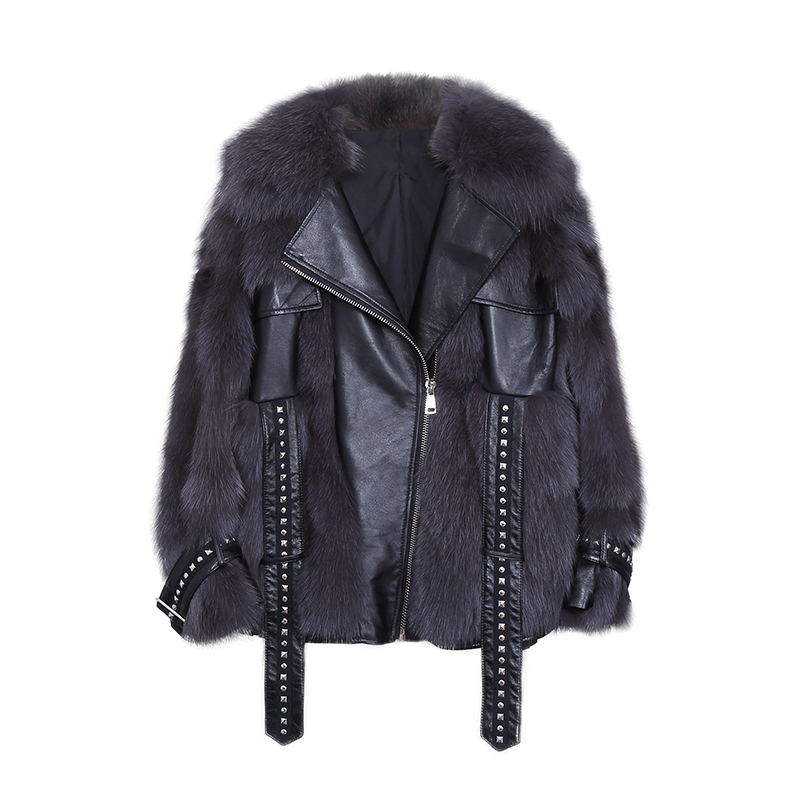 

Ladies 2020 Real Fox Fur with Warm Rivets Leather Women's Jacket 8dyi, Brown.