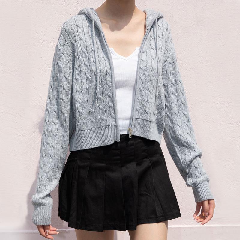 

Women Comfy Cable Cropped Hooded Knit Cardigan With A Zip-up Front And Side Pockets, Black