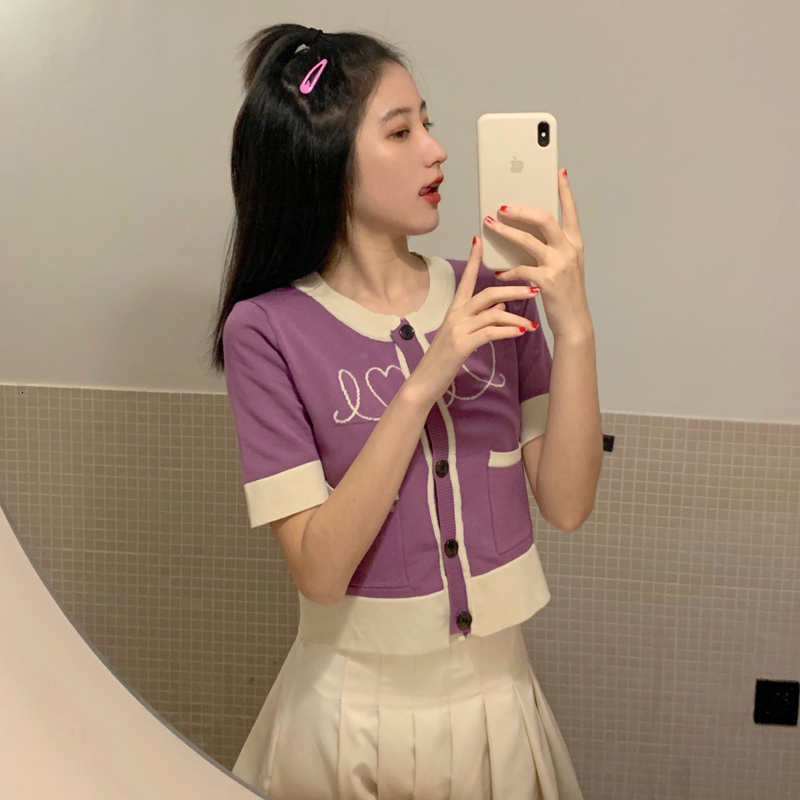 

2021 New 2 colours summer Korean style tops short sleeve embroidered cardigan t-shirt women's shirt shirts (c1328) 39AG, Navy blue