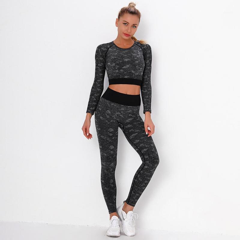 

Seamless Women Sexy Running Training Yoga Set Long Sleeve Fitness High Waist Leggings Pants Gym Women Sportswear Yoga Set1, Grey