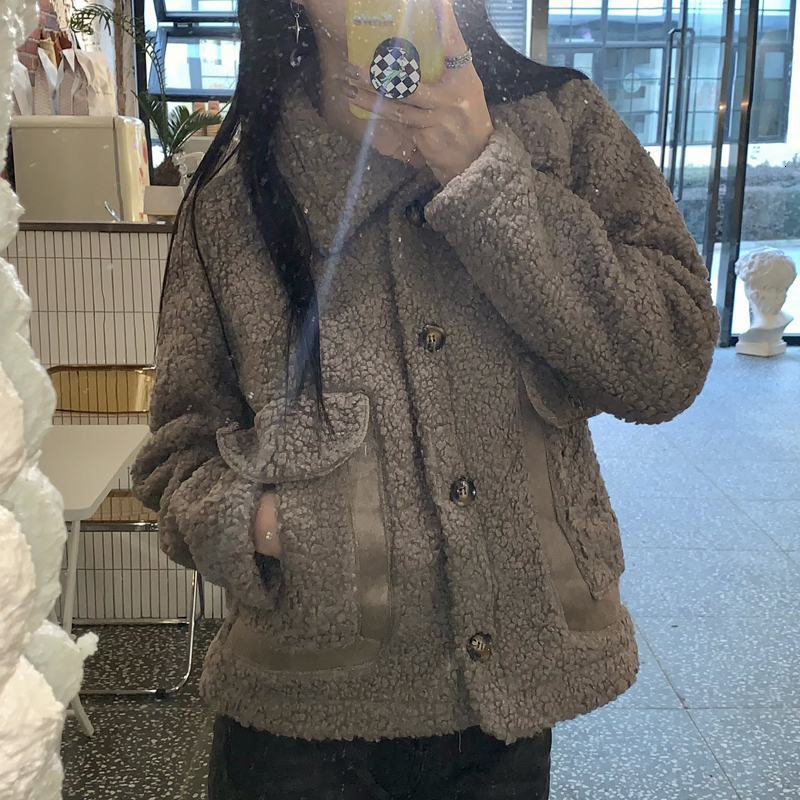 

2021 New Autumn winter Korean turn down collar color short wool warm coats and women's jackets (c08858) H7V1, Coffee