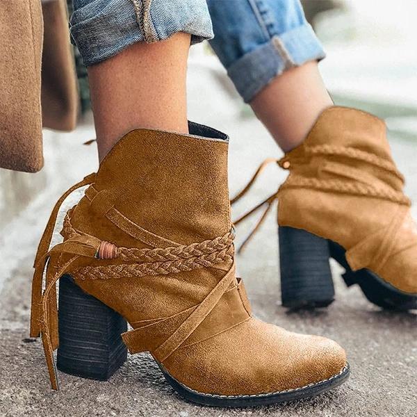 

Autumn Winter New Women Ankle Boots Fringe Decoration Irregular Design Mid-Heel Boots Ladies Casual Thicken Western1, Red