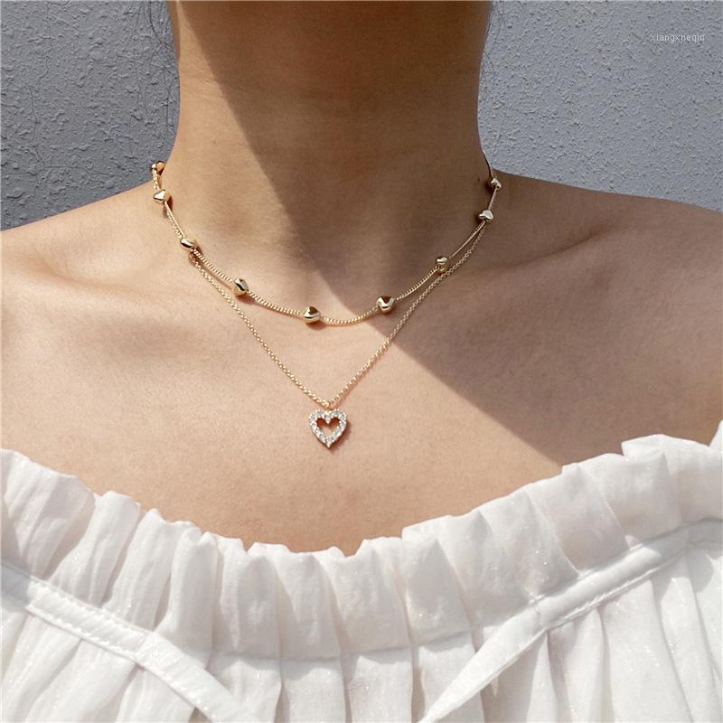 

Chokers WTLTC Delicate Cubic Zirconia Small Hollow Heart Necklaces Double Layered Charms Choker 2022 INS Chain Link Necklace, Golden;silver