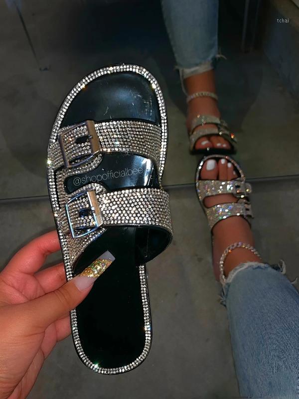 

New Glitter Slippers Women Summer Sandals Fashion Bling Female Candy Color Flip Flops Beach Diamond Flat Shoes Outdoor Sandals1, Black