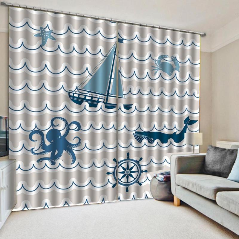 

Modern Home Decoration Curtains 3d Cartoon abstract sea boat fish 3d Curtains Blackout for Living Room Kids Bedroom Fabric, As pic