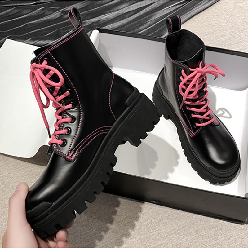 

Women Ankle Boots For Boots Autumn Winter Shoes Platform Chunky Luxury Designer Booties PU Leather Motorcycle, Pink 7 hole