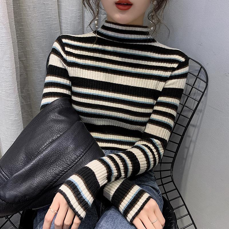

2021 Beginning Autumn and Winter New Thin Half Turtleneck High Striped Female Sweater 3KE2, Brown