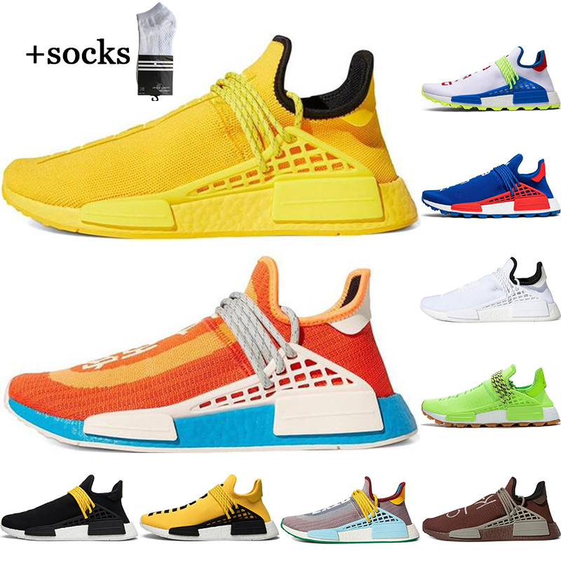 

With free socks Human Race Hu Pharrell Williams women running shoes White Black Yellow Homecoming mens trainer sports sneakers eur36-45, 11 black gum