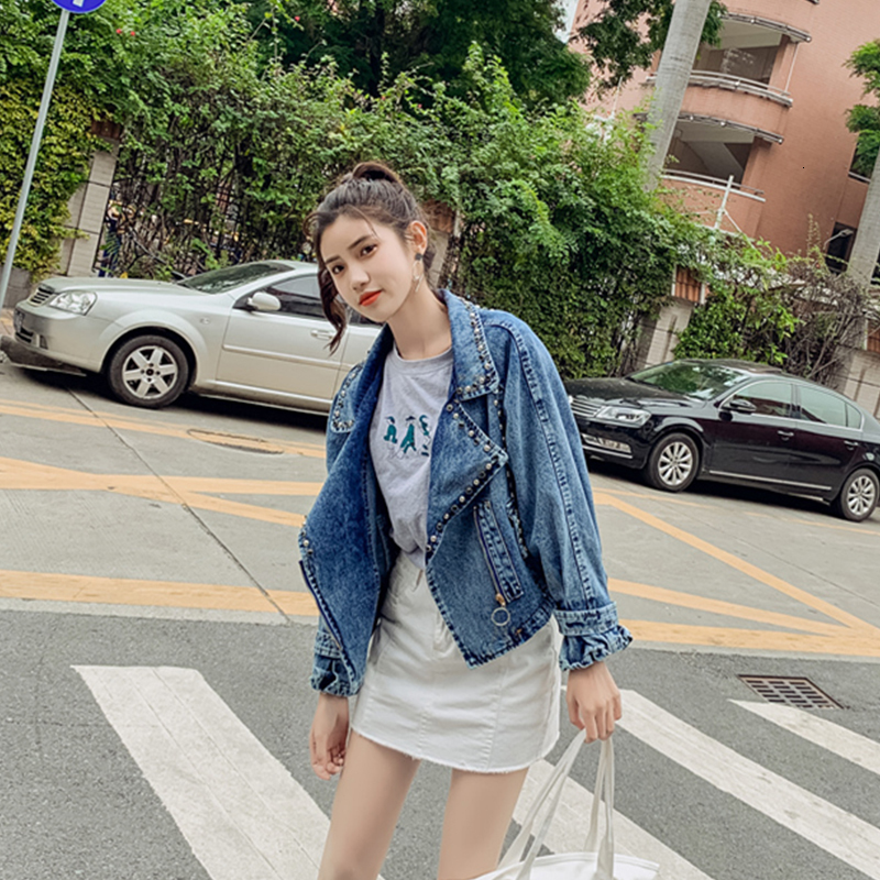 

Riveted Woman Collar Women's Vintage Zipper Denim Jacket Loose Pocket Streetwear Coat 1haw, Black.