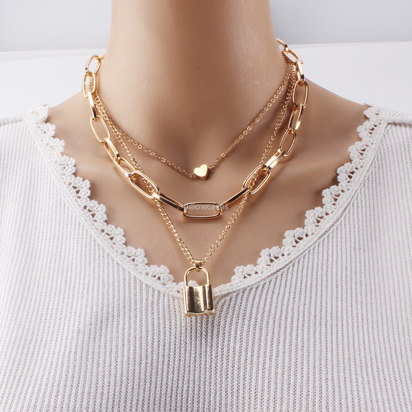 

Gold Lock Heart Necklace Chokers Silver gold chains multilayer wrap collar necklaces for women fashion jewelry will and sandy gift