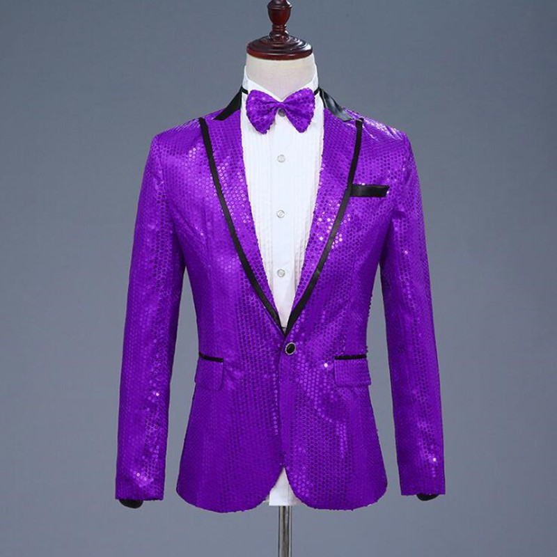 

2021 Black Men Purple Gold Pink Sequins Bow Tie Club Dj Singer Slim Jacket Fit Man Suit Blazer Ohc6, Silver