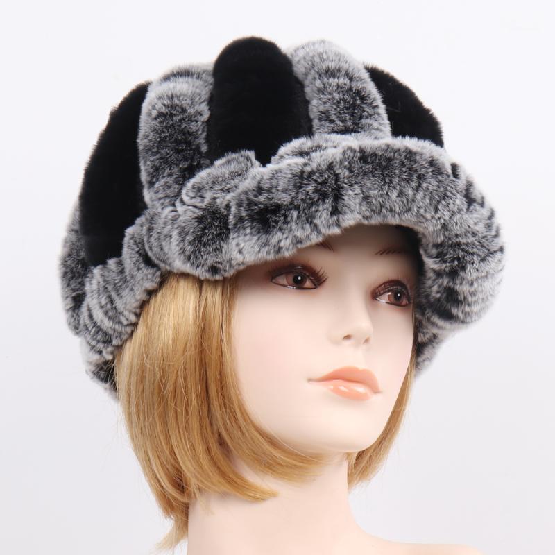 

2020 New Women Knit Real Rex Fur Striped Hats Winter Warm Floral Genuine Fur Caps Lady Natural Hat Wholesale Retail1, Black