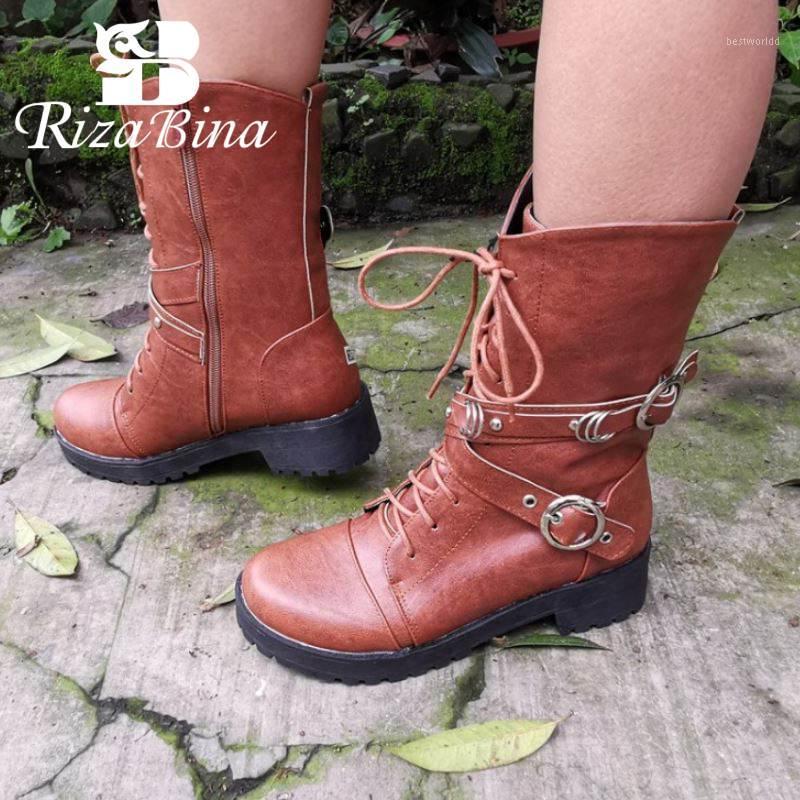 

RizaBina Women Mid Calf Boots Metal Buckle Gothic Shoes Women Autumn Winter Black Casual Flats Footwear Short Boots Size 34-431