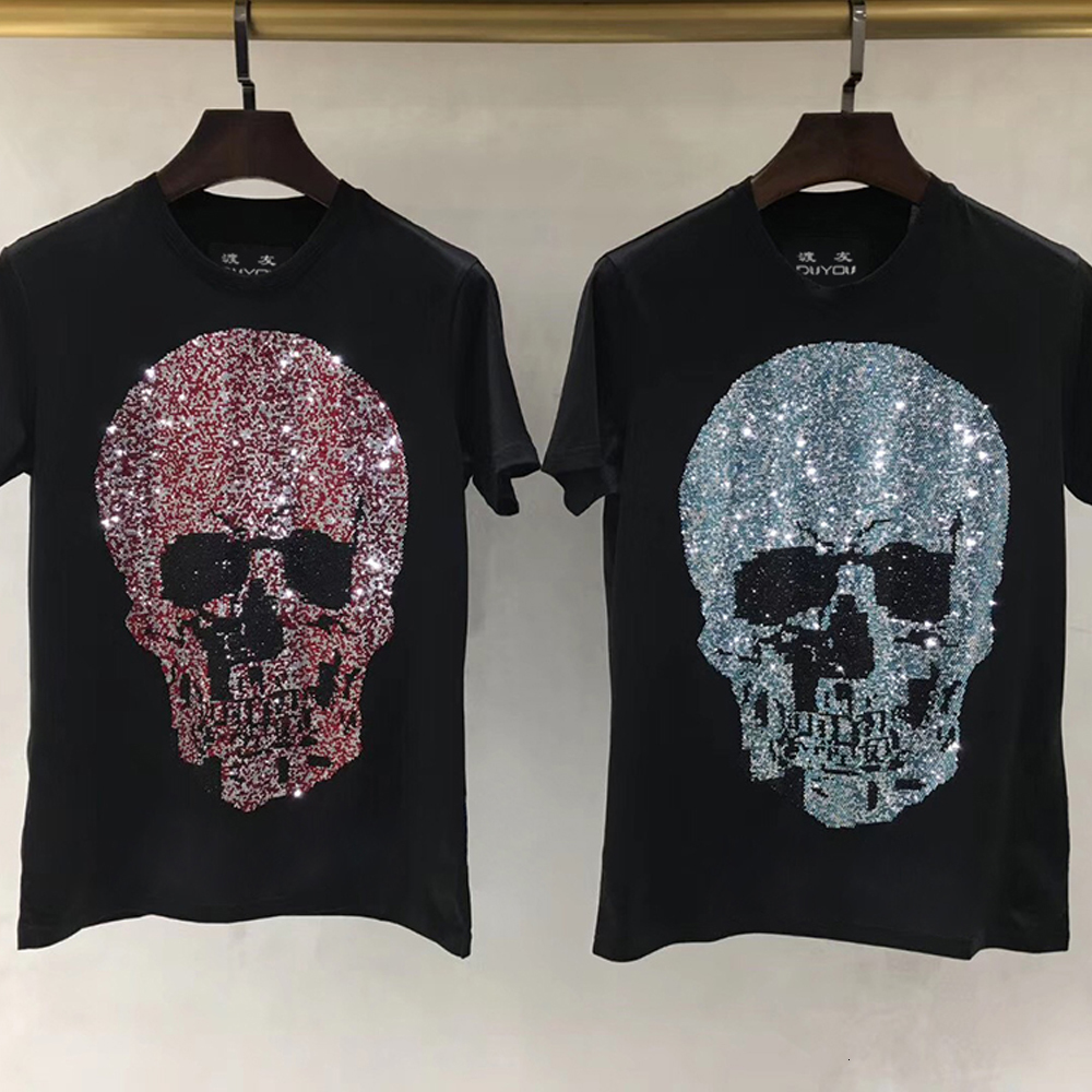 

Mens Designer Shirt Short Sleeves Tshirt Men Cotton Top Tees Summer Crystal Big Skull Printed Shirts New Clothing O5x1, Blue