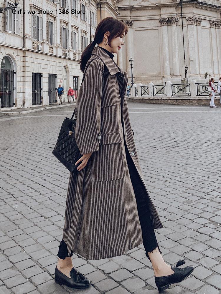 

Woolen coat women' middle and long small autumn winter 2020 new Korean loose style thickened striped woolen coat, Brown