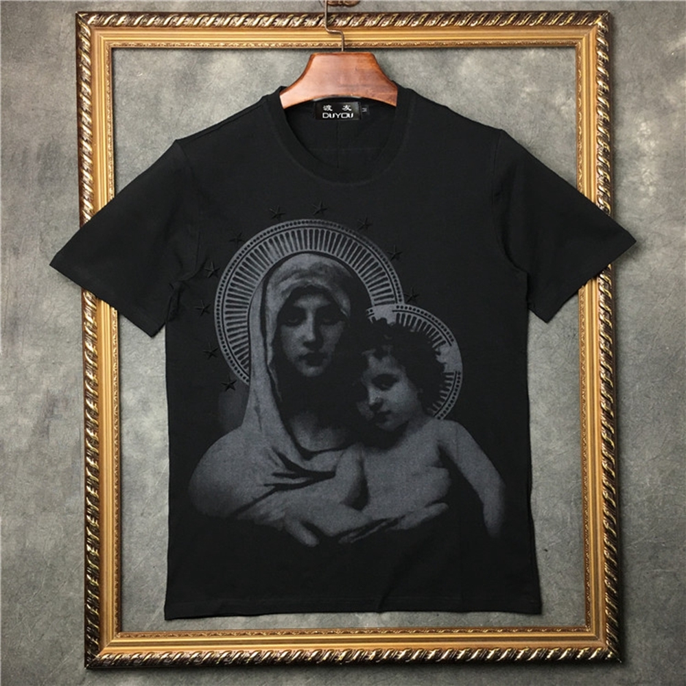 

Men's 100% Cotton Virgin Mary Print Round Neckline Short-sleeved T-shirt Rivet Menswear| 2192001537 Kwh5, Black