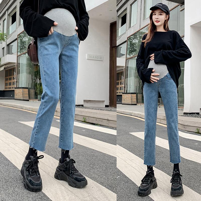 

6089# Autumn Spring 9/10 Denim Maternity Jeans High Waist Belly Slim Straight Pants Clothes for Pregnant Women Pregnancy Trouser, Black