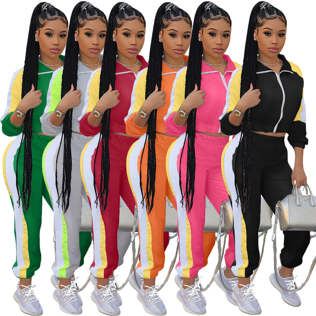 

Women Tracksuit Casual Stitching Two Piece Set Designer Ladies Sportswear Autumn Winter Slim Hip Long Sleeve Sports Suit 55, Orange