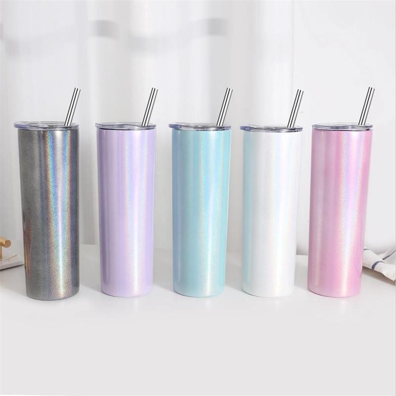 

sublimation Glitter 20oz Skinny Tumblers Rainbow straw Lid Double Wall Stainless Steel Vacuum Insulated Drinking Cups Portable Coffee Mugs