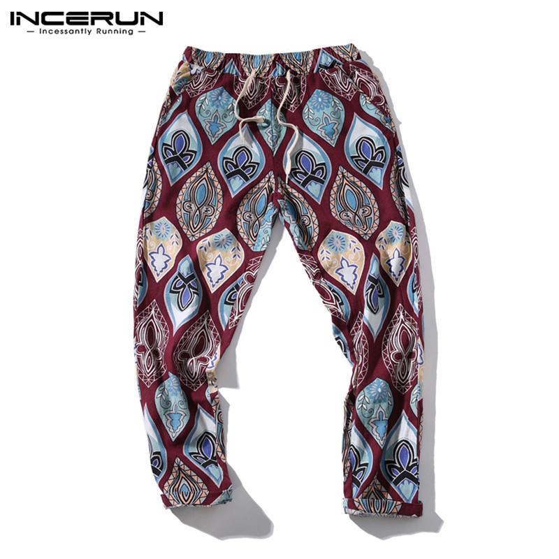

INCERUN Casual Pants Men Vintage Printed Trousers Drawstring Pockets Joggers Man Ethnic Style Floral Pants Loose Pantalones 5XL, Red