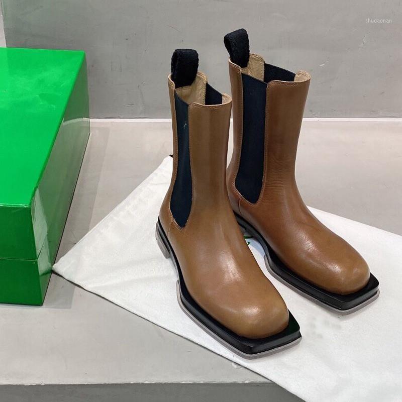 

Square Toe Women Ankle Boots Genuine Leather Low Heels Short Boots Fashion Ins Autumn Winter Combat Mixed Color Girl1, Beige