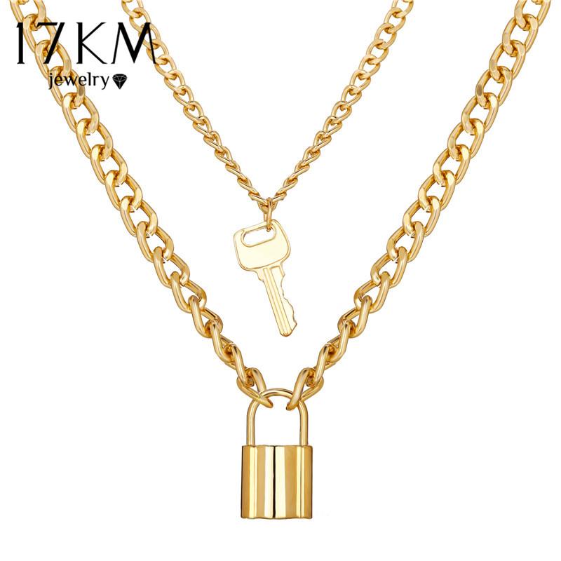 

17KM Creative Lock&Key Gold Chain Necklaces Set For Women&Men Bohemian Multilayer Pendant Choker Necklace 2020 Fashion Jewelry