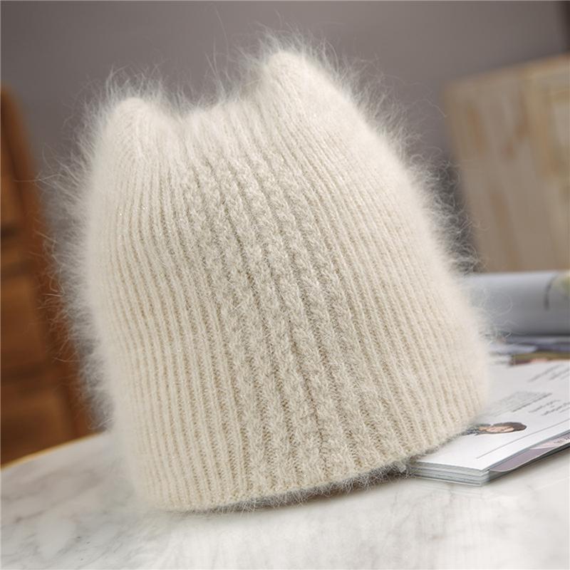 

Girl Sweet Fur Ear Beanie Soft Hat Women Winter Solid Plush Cap Warm Solid Color Knitting Cap Clothing Accessories, Milky