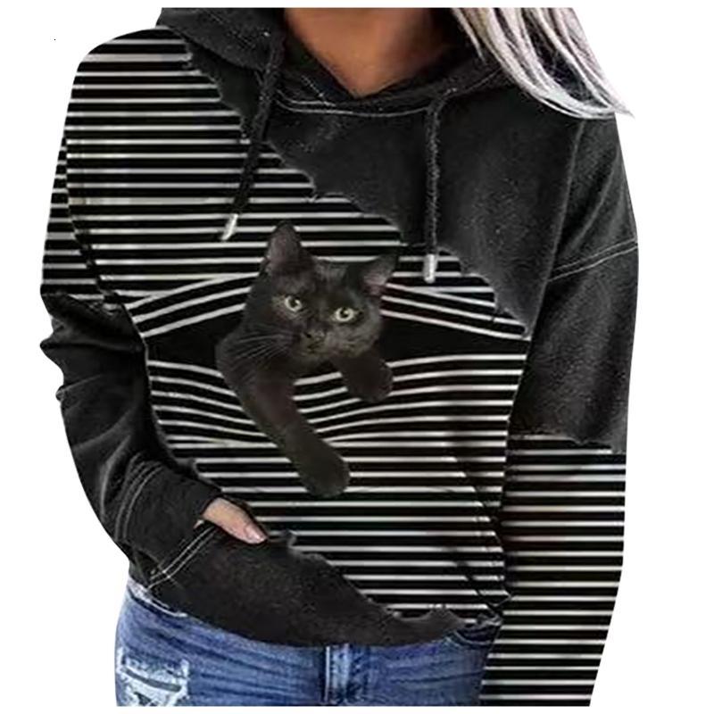 

New Sweatshirt O-neck Patchwork Kawaii Cat Hoodie Long-sleeved Pullover Casual Loose Fashion Hoodies Women 2021 At5j, Black