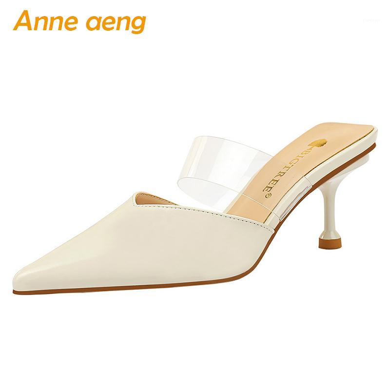 

2020 New Summer Outside Women Slippers 7cm High Thin Heel Pointed Toe Solid Fashion Sexy Ladies Women Shoes Beige Mules Slides1