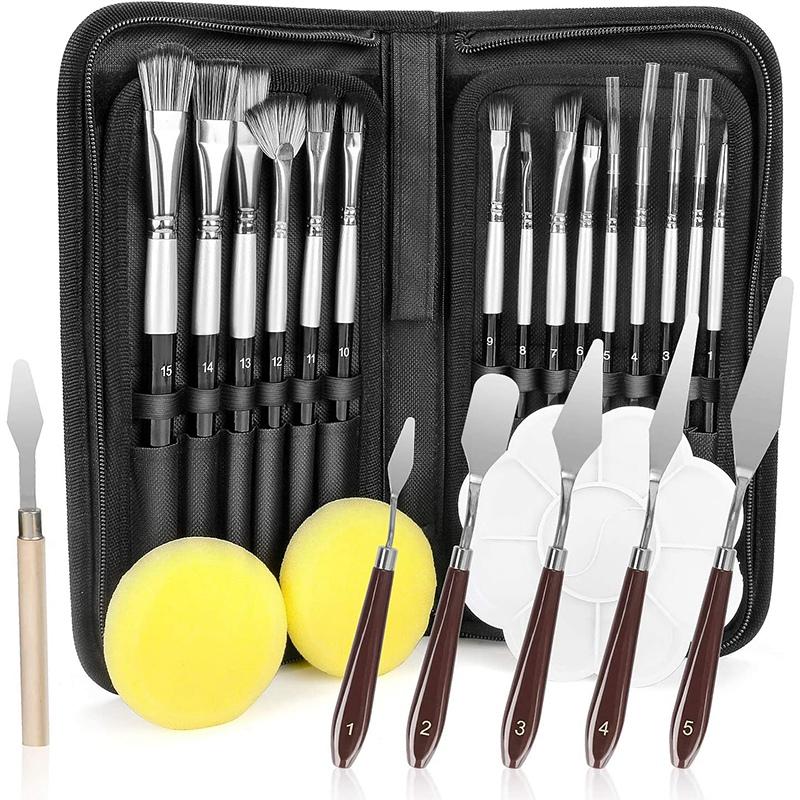 

Paint Brush Set, 15Pcs Artist Paint Brushes 6Pcs Palette Scrapers 2 Sponge Balls 1 Palette for Oil Watercolor