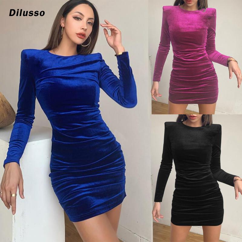 

Autumn Winter Women dresses Small Crowd Style Plush Mid Waist O-Neck Dress ladies evening party dresess elegant 2021 new year, Black