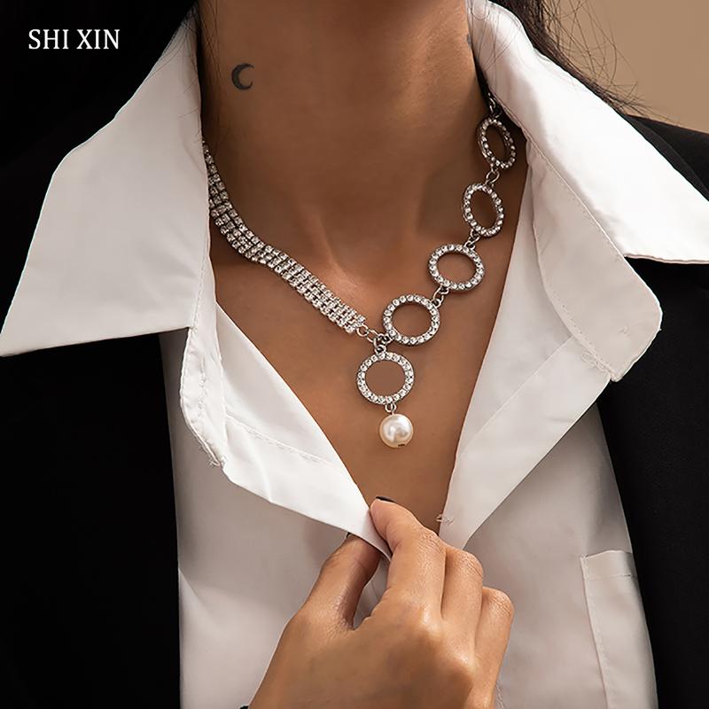 

SHIXIN Full Rhinestones Choker Necklace Colar for Women Hip Hop Iced Out Chain Necklace With Pearl Pendant on Neck 2021