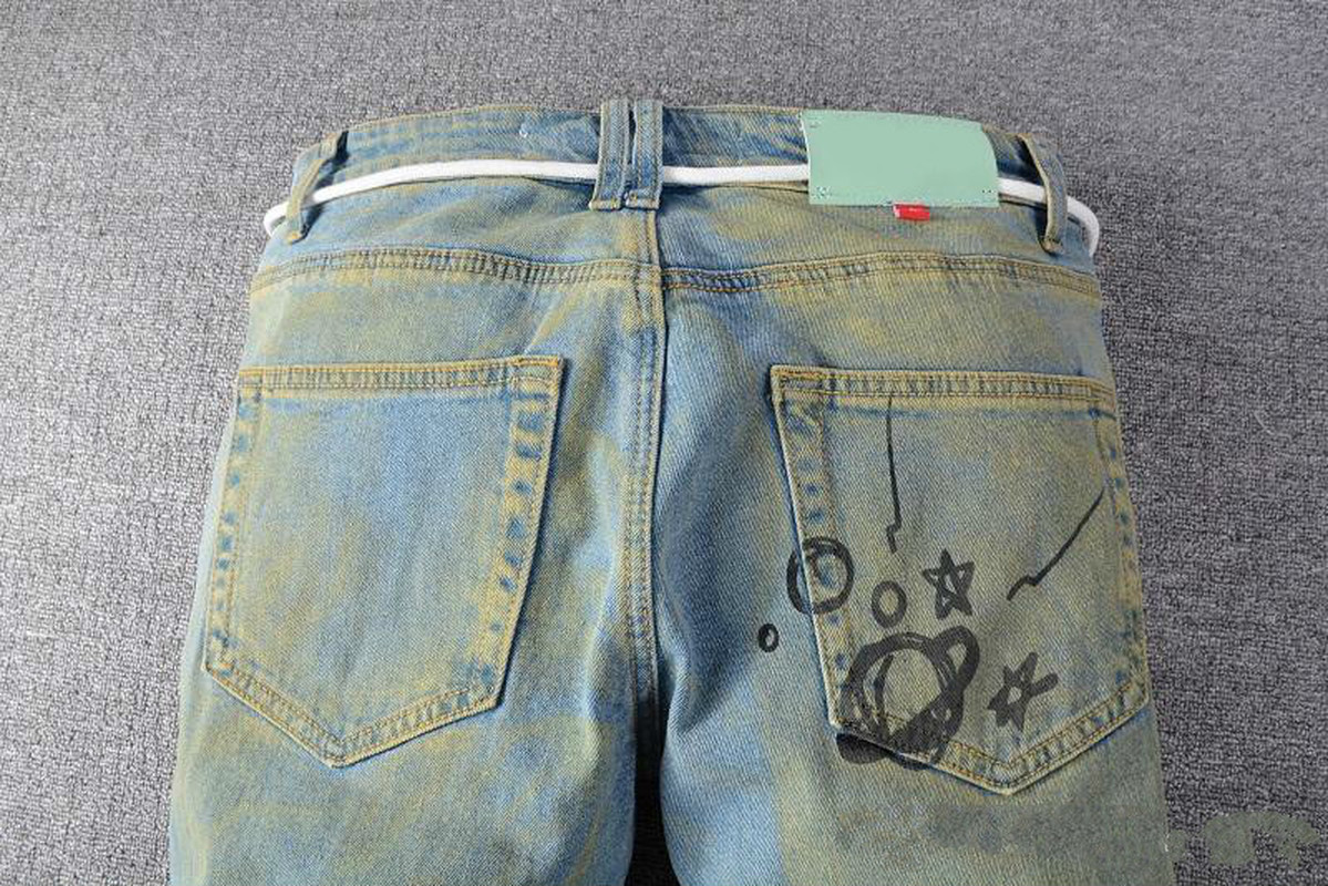 

Top Quality Pants New Arrivals Mens Jeans Designers White Off Light Reflection Fit Arrival Biker Jeans Distressed Diamond Stripes Size 29-40, Blue